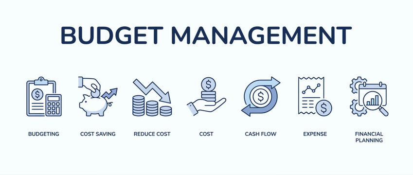 Budget management icon set, financial planning vector symbols, cost saving business icons