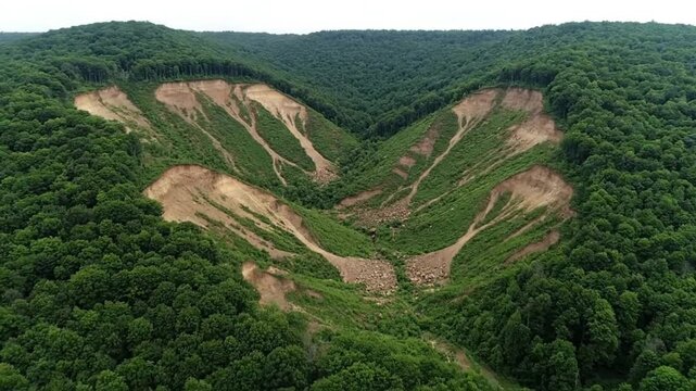 Aerial view of a massive landslide scar on a forested mountainside.