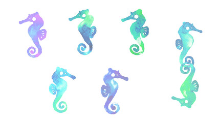 美しい水彩グラデーションのタツノオトシゴのシルエットイラストセット（夏・海の生き物素材） Beautiful watercolor gradient seahorse silhouette illustration set (Summer, Sea creatures) © lily