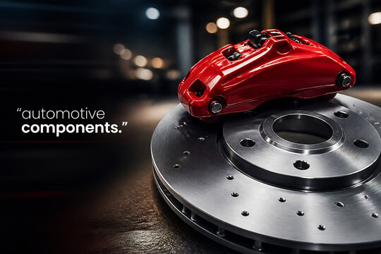 A red brake caliper rests on a silver brake rotor in a dimly lit setting.