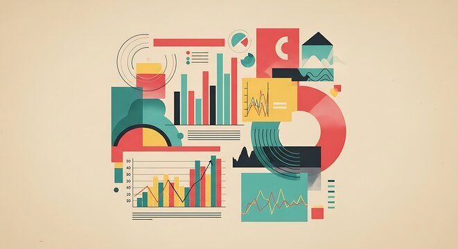 Abstract graphic of data visualizations including charts, graphs, and circular diagrams on tan background