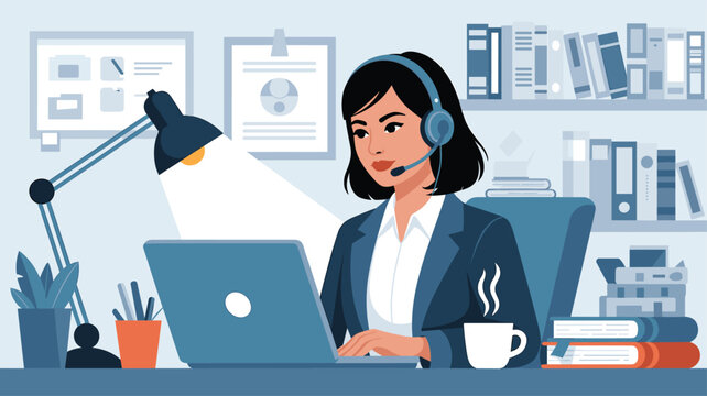 Professional female call center agent wearing a headset and working on her laptop at a desk in a modern office with bookshelves.