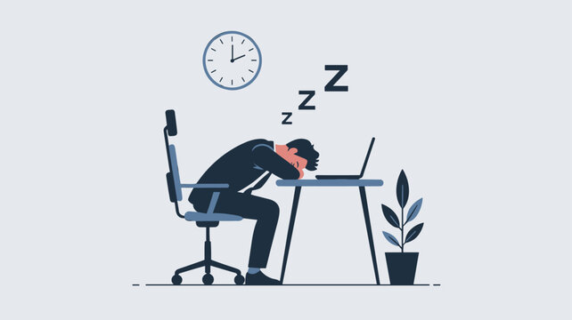 Exhausted businessman sleeping on his desk with his head on his arms in front of a laptop late at night in a quiet office setting.