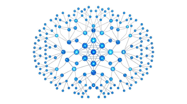 Network graph with glowing blue nodes and connecting lines isolated on transparent background for data science and technology