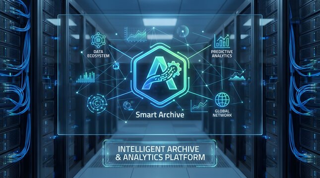 Futuristic digital interface displaying smart archive data analytics and global network connectivity within a modern high tech server room environment