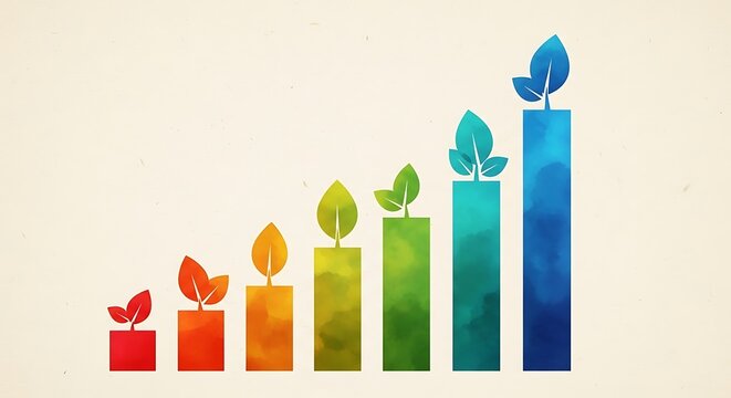 Abstract growth chart depicts progress using colorful bars with growing leaves, suggesting development
