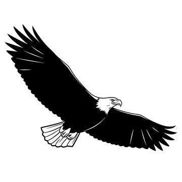 Black and white eagle in flight silhouette against white background.