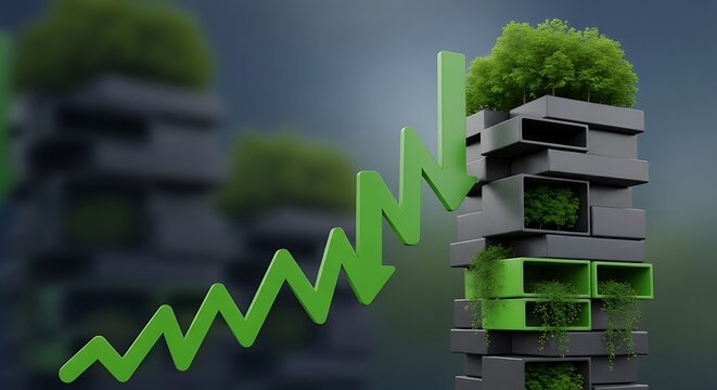 Abstract illustration depicting green growth, then decline, on a modular structure with greenery