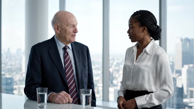 Senior Executive and Young Professional Discussing Business Strategy in Modern Office with City View