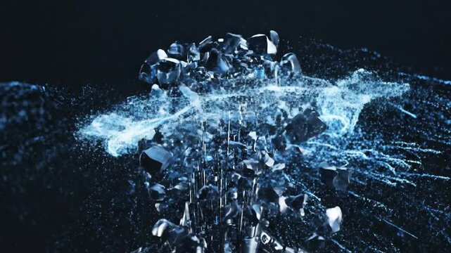 Explosion Glass Shard Blue Black Splash Particle Abstract Motion Impact Cyborg Face Futuristic Digital Portrait Fragmented Crystal Burst Dark Background