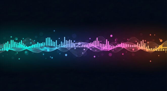 Abstract illustration of sound waves with varying colors and particles, set against a dark background