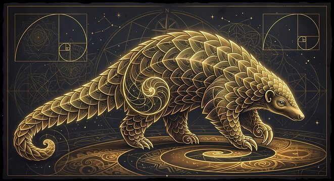 Golden pangolin illustration with sacred geometry patterns and Fibonacci spiral lines on dark background