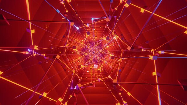 Hypnotic seamless loop of a futuristic structural tunnel. Abstract digital vortex made of twisting staircases, endless steps and architectural construction lines, creating deep optical perspective