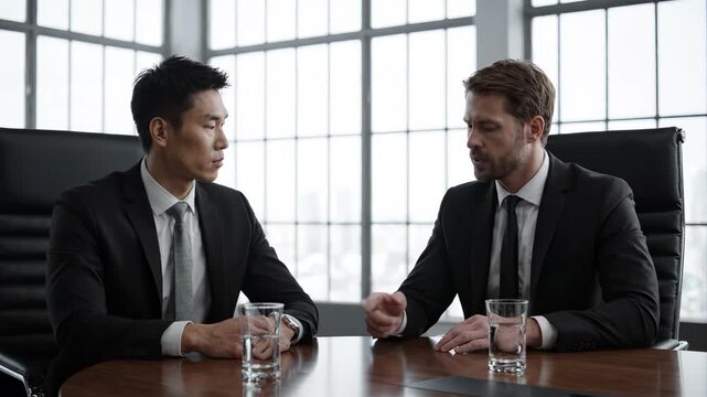 Two Businessmen Having Serious Discussion in Modern Boardroom with City View