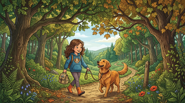 Little girl walking her golden retriever dog on a forest path surrounded by trees and colorful flowers on a sunny day with a backpack and leash.