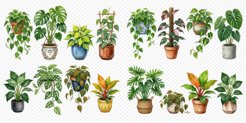 Collection of various watercolor house plants and potted greenery, perfect for home decor and botanical illustrations. © Ytaja