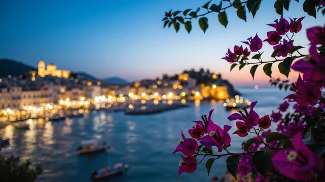 A serene evening view of a coastal town with boats sailing near purple flowers at dusk.