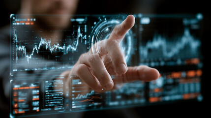 Fototapeta premium Businessman interacts with a glowing digital interface displaying intricate financial stock market graphs and complex analytical data metrics for corporate strategic planning and accurate market.