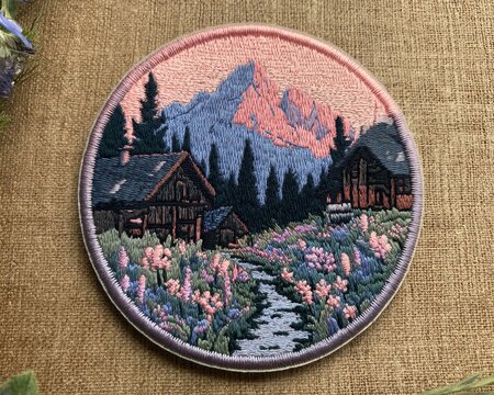 Handmade embroidered patch with a serene mountain landscape. Rustic cabin, wildflower meadow, and alpenglow on peaks for travel and adventure concepts.