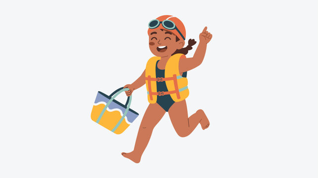 Joyful young girl wearing a life jacket and goggles running towards the beach with a bag to enjoy swimming and summer fun.