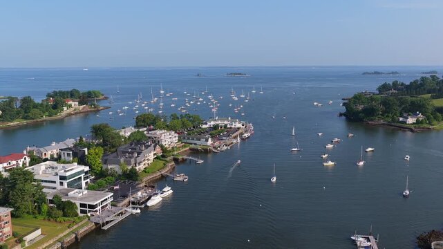 High aerial of Yacht Club and Sailboats in Greenwich, Connecticut, 4K