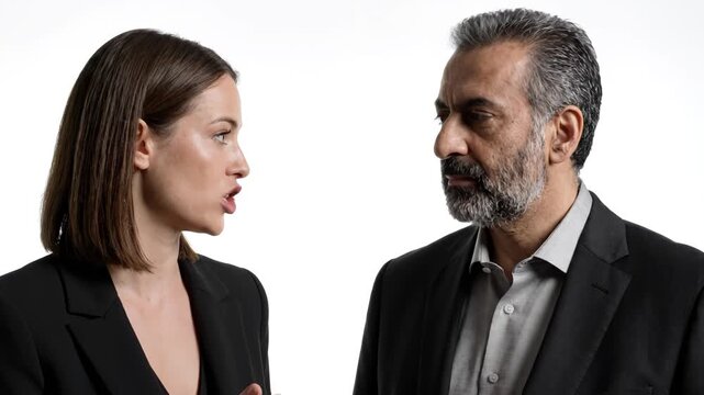 Professional business discussion between mature man and woman in formal attire on white background