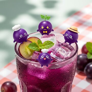Colorful layered drink with fresh berries and mint in glass.