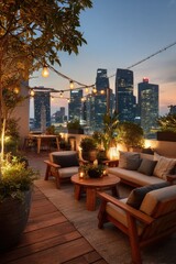 Fototapeta premium Rooftop terrace setup for relaxation with city view and lights during evening hours in urban area