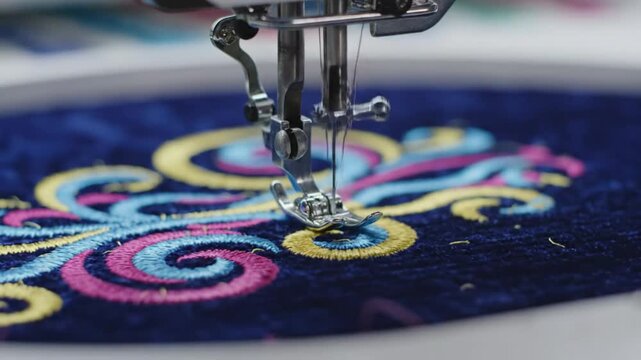 Close up view of the embroidery process showcasing colorful thread stitching intricate patterns onto dark blue fabric