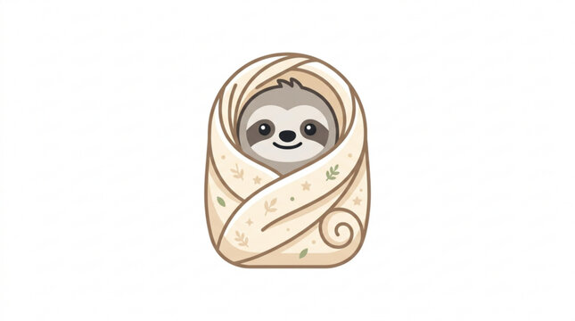 Cute sloth, wrapped in blanket, smiling face, vector illustration, animal cartoon