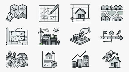 Fototapeta premium Clean Minimalist Line Art Icons Set Featuring Real Estate Architecture and Urban Development Concepts