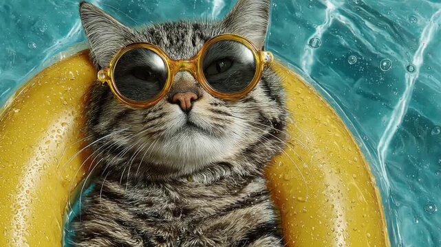 Cool tabby cat wearing yellow sunglasses relaxing on a floatie in a swimming pool