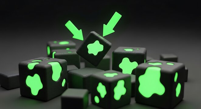 Abstract image of glowing green shapes on stacked cubes against a dark background, arrows