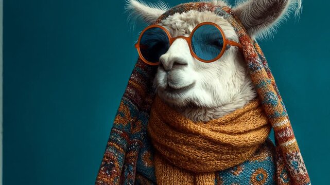 Funny anthropomorphic llama wearing stylish winter clothes and sunglasses on a solid color background