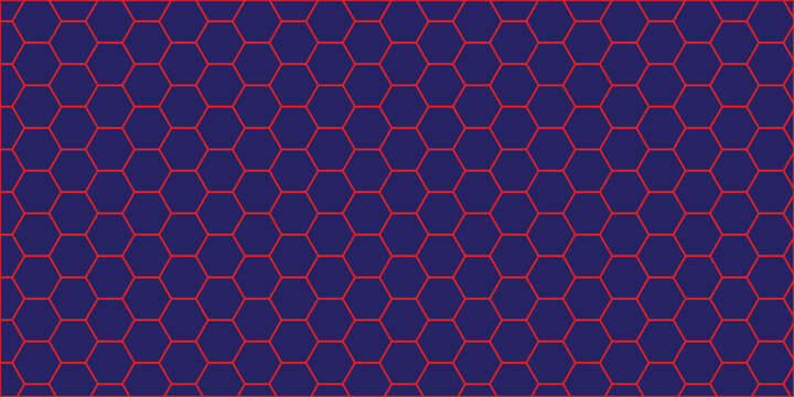 Dark Blue Honeycomb Hexagon Pattern Background with Red Geometric Grid and Futuristic Abstract Technology Design