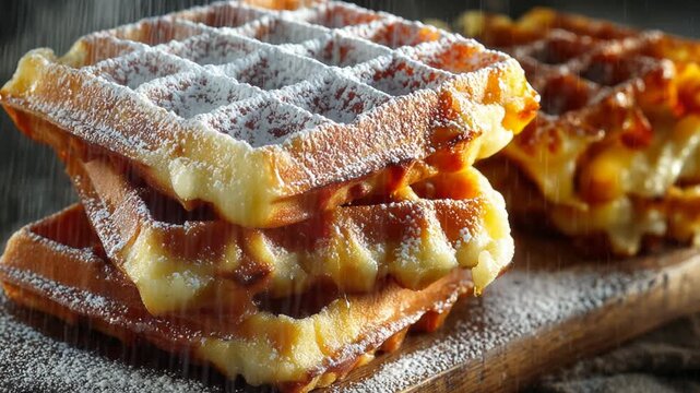Freshly baked belgian waffles getting dusted with powdered sugar in a close-up shot