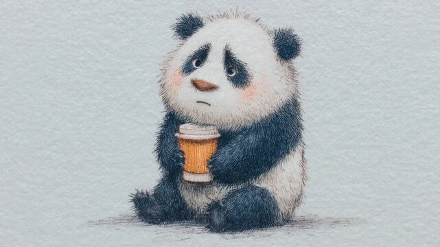 Cute hand-drawn sad panda character holding a coffee cup, wiggling with a stop-motion effect