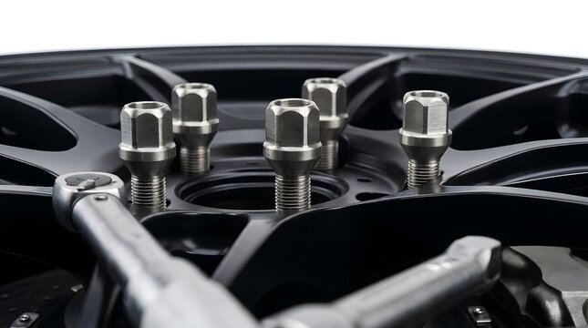 Automotive maintenance mechanic tools and titanium wheel bolts close-up