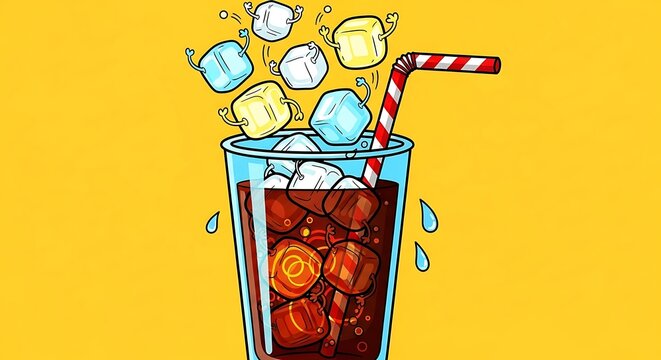 Colorful illustration of a juice dispenser with fruits and glasses.