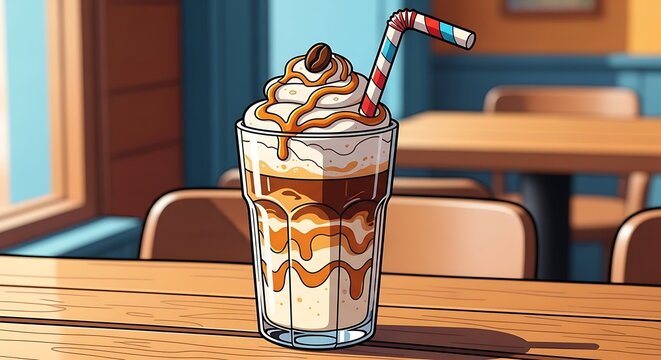 Refreshing iced coffee with whipped cream and caramel drizzle.