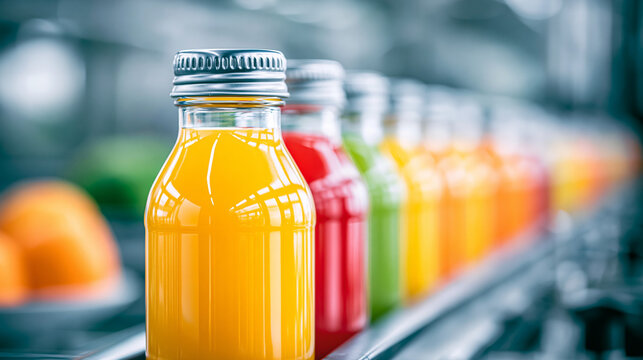 Bottles filled with colorful fruit juices lined up on a production line, showcasing fresh, vibrant beverages ready for packaging.