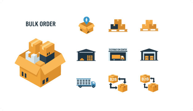 Flat design icons for shipping, logistics, and bulk order services.