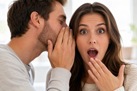 Man whispering secret to surprised woman at home
