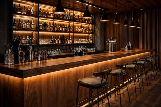 Modern luxury bar interior with wooden counter and warm ambient lighting