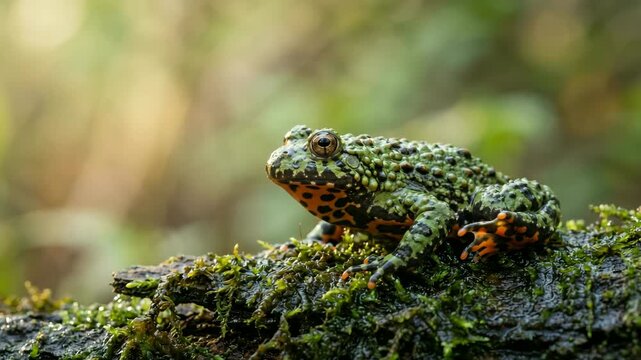 fire bellied toad close up in european wetlands morning light video