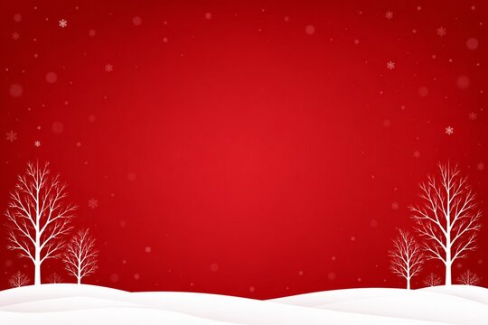 Red winter background with snowy landscape and bare trees