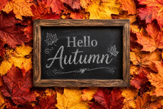 Autumn leaves with rustic chalkboard seasonal background