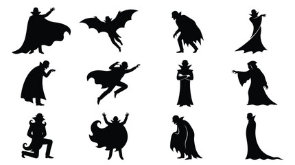 Fototapeta premium Set of silhouettes of dracula, vampire in a cloak