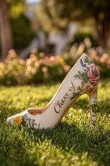 Fototapeta premium Graduation celebration with high heel shoes placed on grass among beautiful flowers in the garden during daytime