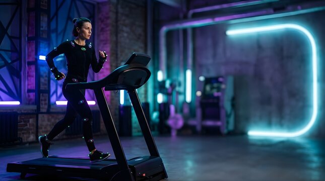 Female athlete running on treadmill in motion capture suit for research